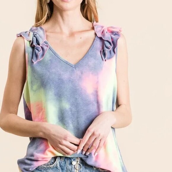 BiBi Tie Dye French Terry V Neck Top with Ruffle - Picture 6 of 10